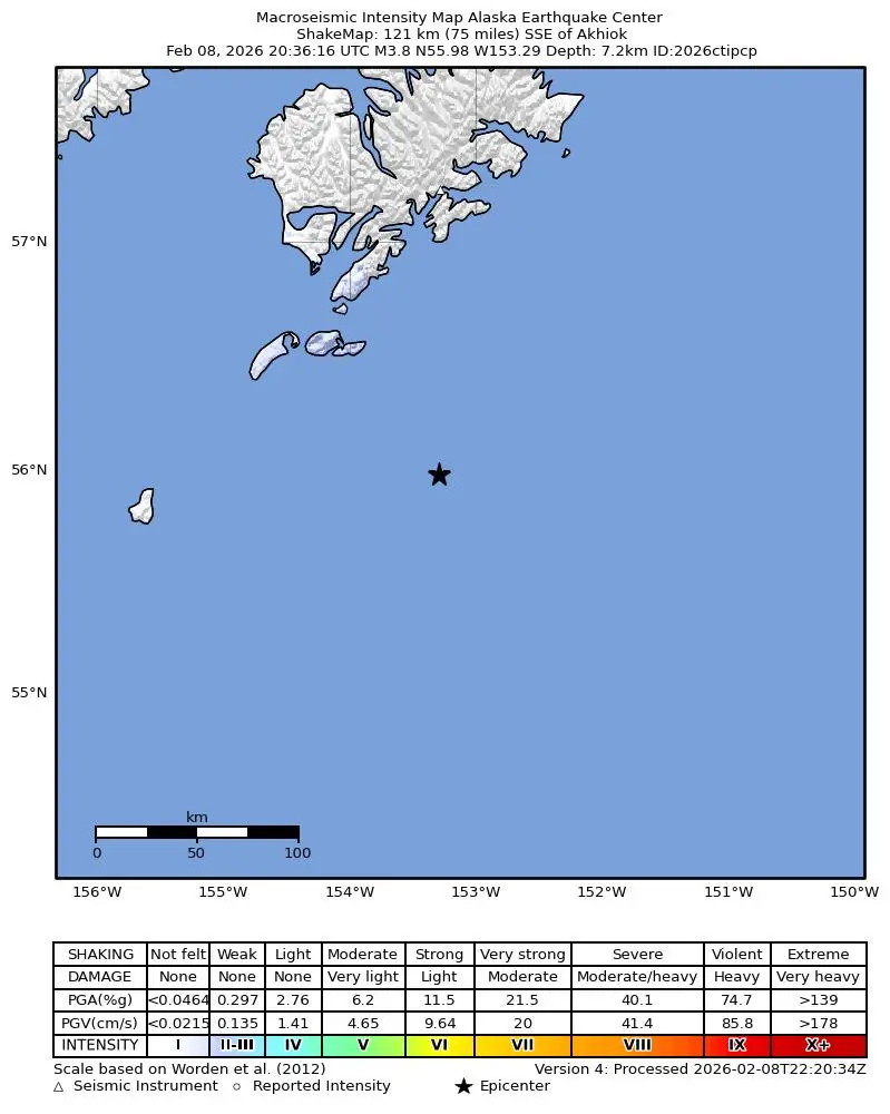 Shake map for M 3.8 - 120 km SSE of Akhiok, Alaska showing shaking intensity and report locations around the epicenter.