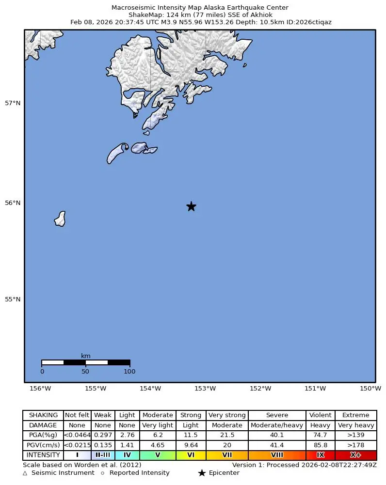 Shake map for M 3.9 - 122 km SSE of Akhiok, Alaska showing shaking intensity and report locations around the epicenter.
