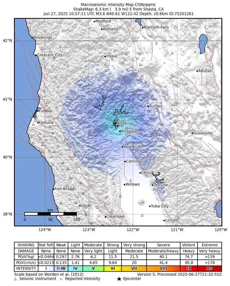 Shake map for M 3.6 - 5 km NW of Redding, CA showing shaking intensity and report locations around the epicenter.