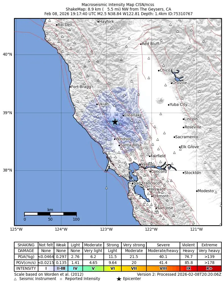 Shake map for M 2.5 - 8 km WNW of Cobb, CA showing shaking intensity and report locations around the epicenter.
