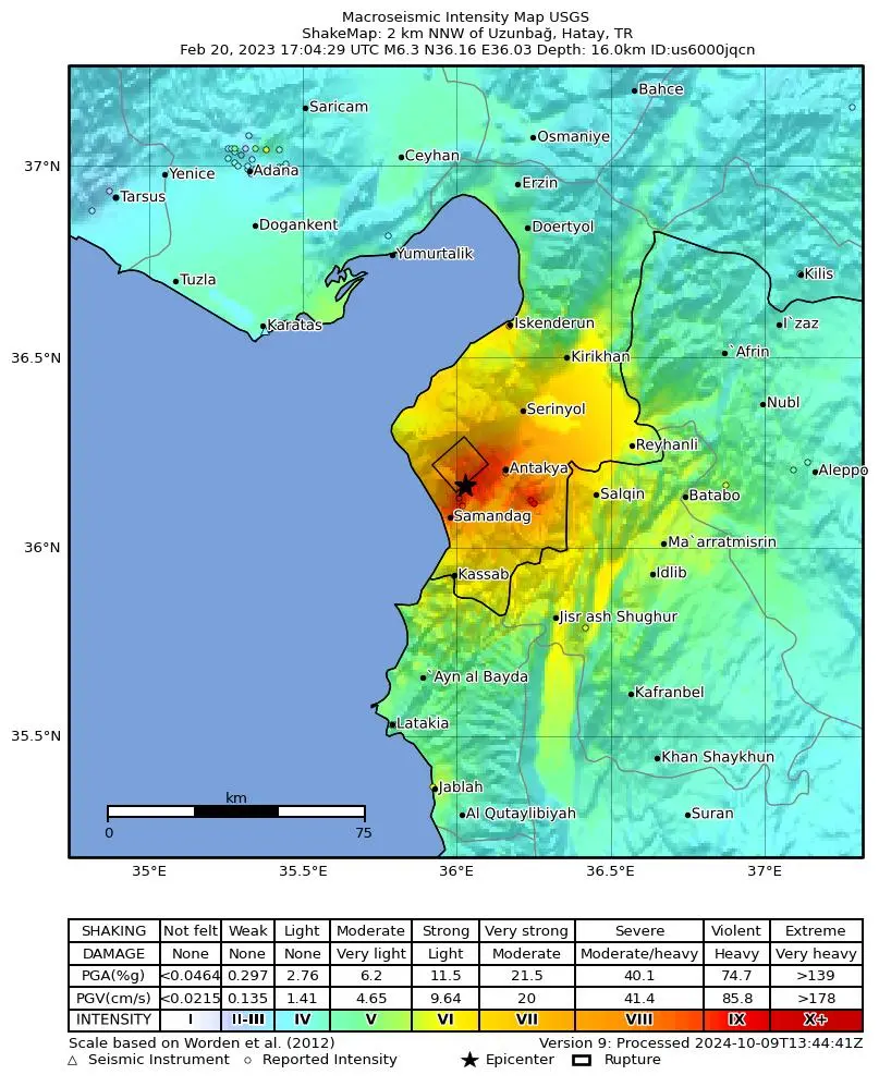 Shake map for M 6.3 - 2 km NNW of Uzunba?, Turkey showing shaking intensity and report locations around the epicenter.