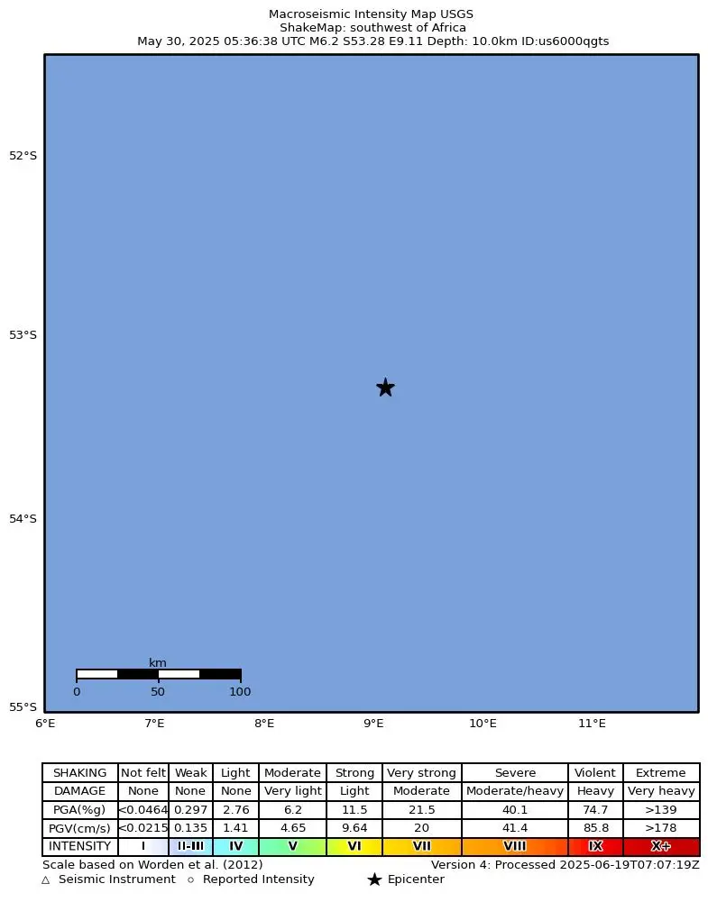 Shake map for M 6.2 - southwest of Africa showing shaking intensity and report locations around the epicenter.