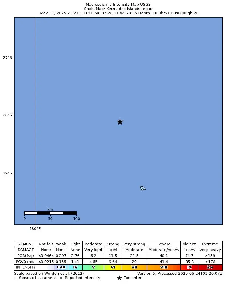 Shake map for M 6.0 - Kermadec Islands region showing shaking intensity and report locations around the epicenter.