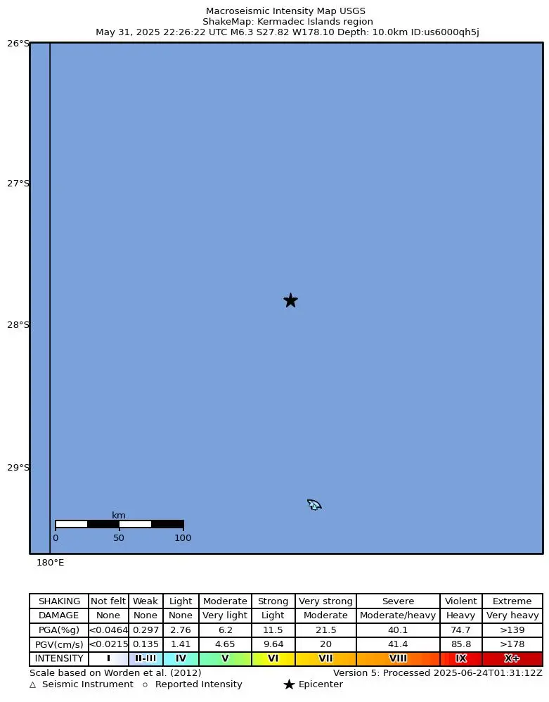Shake map for M 6.3 - Kermadec Islands region showing shaking intensity and report locations around the epicenter.
