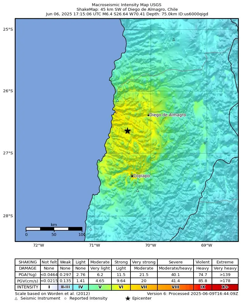 Shake map for M 6.4 - 45 km SW of Diego de Almagro, Chile showing shaking intensity and report locations around the epicenter.