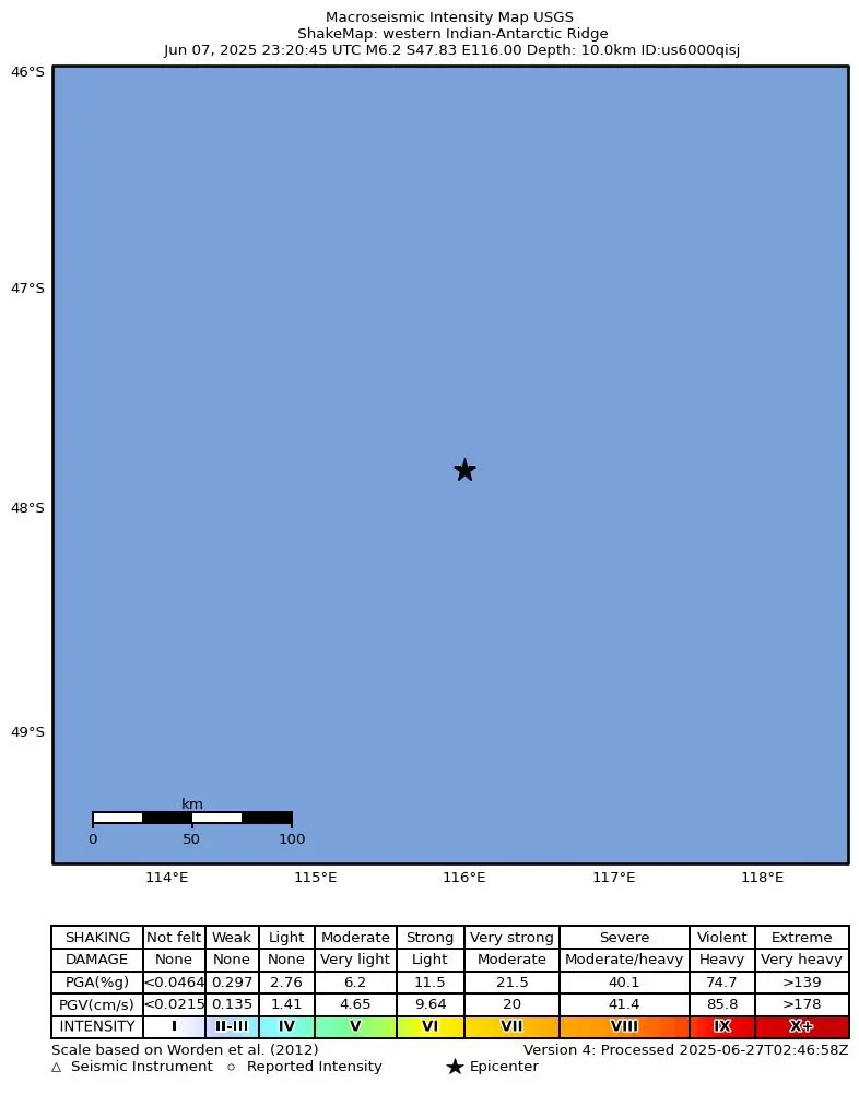 Shake map for M 6.2 - western Indian-Antarctic Ridge showing shaking intensity and report locations around the epicenter.