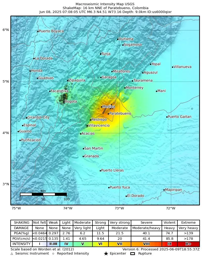 Shake map for M 6.3 - 16 km NNE of Paratebueno, Colombia showing shaking intensity and report locations around the epicenter.