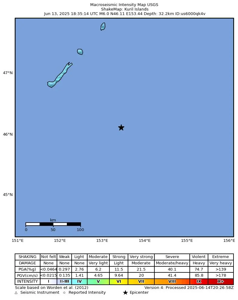 Shake map for M 6.0 - Kuril Islands showing shaking intensity and report locations around the epicenter.