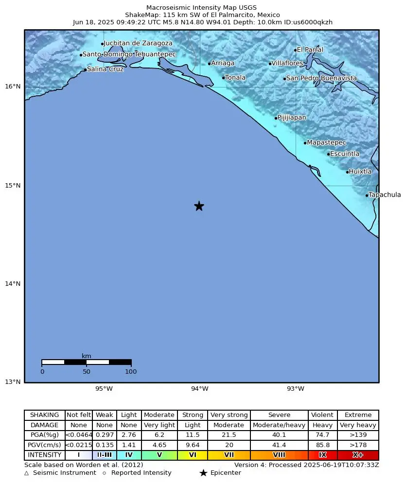 Shake map for M 5.8 - 115 km SW of El Palmarcito, Mexico showing shaking intensity and report locations around the epicenter.