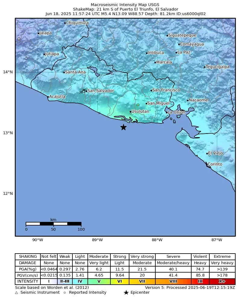 Shake map for M 5.4 - 21 km S of Puerto El Triunfo, El Salvador showing shaking intensity and report locations around the epicenter.