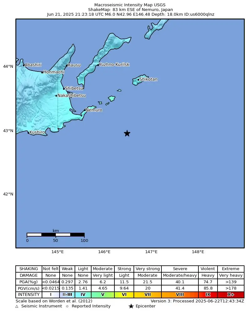 Shake map for M 6.0 - 83 km ESE of Nemuro, Japan showing shaking intensity and report locations around the epicenter.
