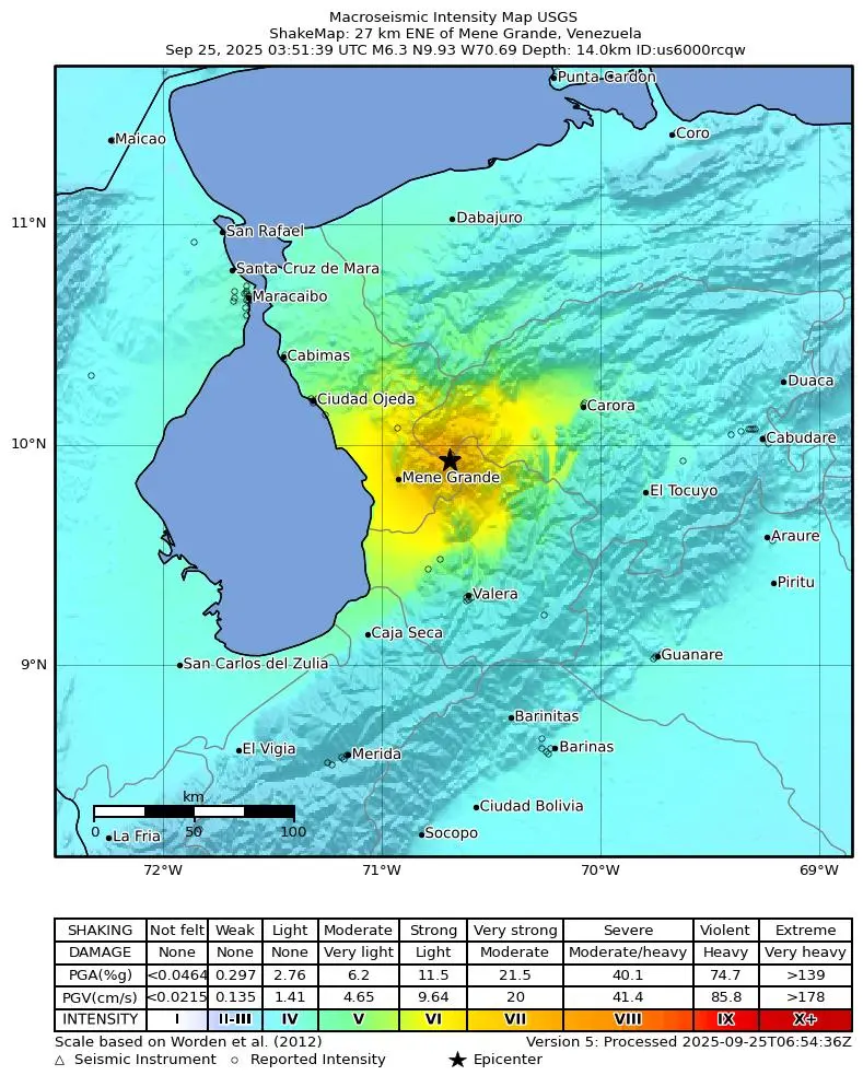 Shake map for M 6.3 - 27 km ENE of Mene Grande, Venezuela showing shaking intensity and report locations around the epicenter.