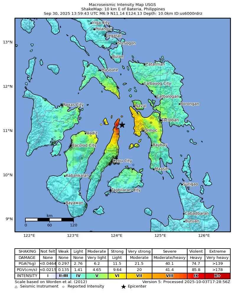 Shake map for M 6.9 - 10 km E of Bateria, Philippines showing shaking intensity and report locations around the epicenter.