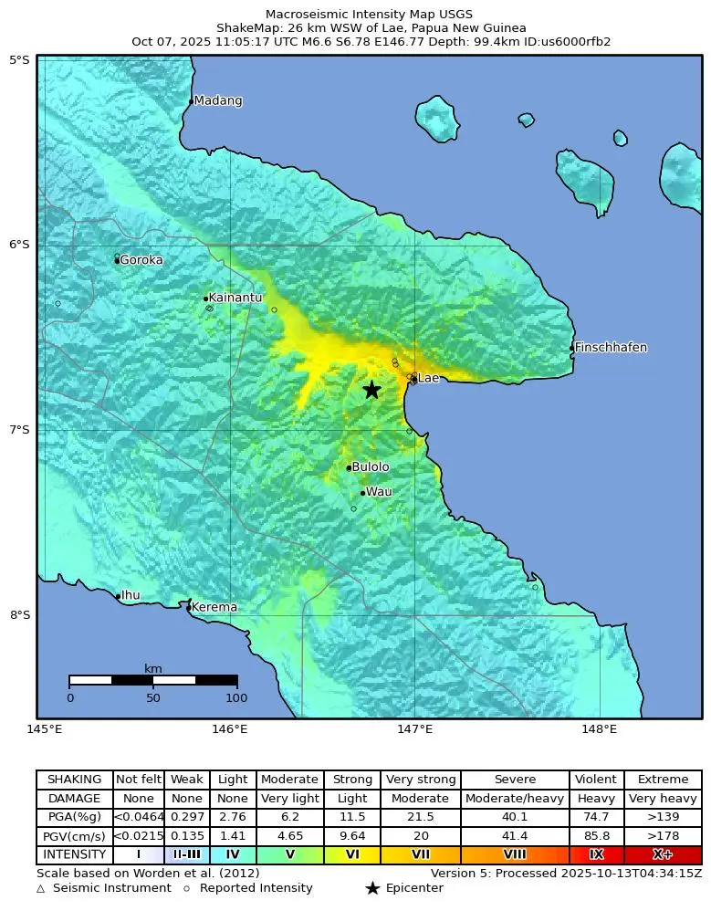 Shake map for M 6.6 - 26 km WSW of Lae, Papua New Guinea showing shaking intensity and report locations around the epicenter.