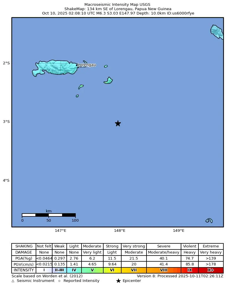 Shake map for M 6.3 - 134 km SE of Lorengau, Papua New Guinea showing shaking intensity and report locations around the epicenter.