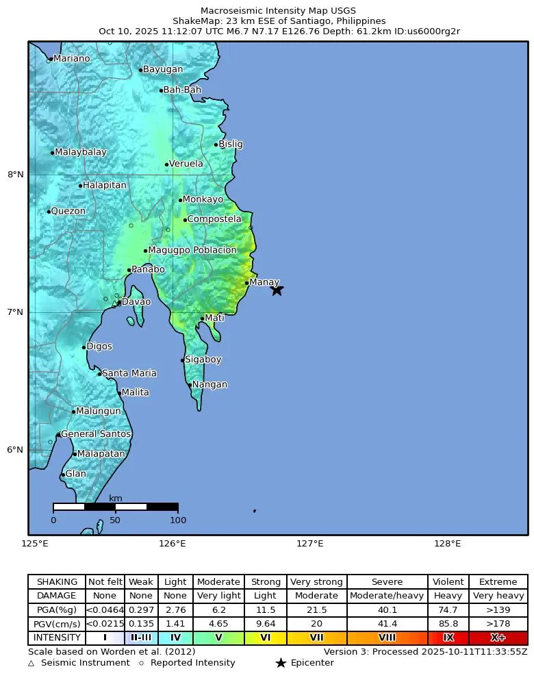 Shake map for M 6.7 - 23 km ESE of Santiago, Philippines showing shaking intensity and report locations around the epicenter.