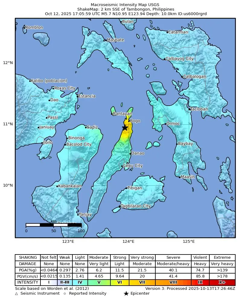Shake map for M 5.7 - 2 km SSE of Tambongon, Philippines showing shaking intensity and report locations around the epicenter.