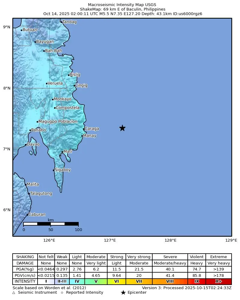 Shake map for M 5.5 - 69 km E of Baculin, Philippines showing shaking intensity and report locations around the epicenter.