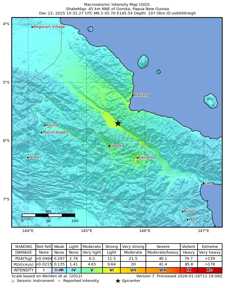 Shake map for M 6.5 - 45 km NNE of Goroka, Papua New Guinea showing shaking intensity and report locations around the epicenter.