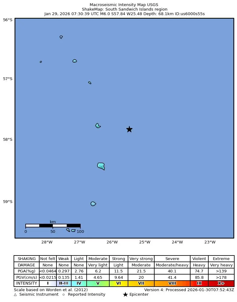 Shake map for M 6.0 - South Sandwich Islands region showing shaking intensity and report locations around the epicenter.