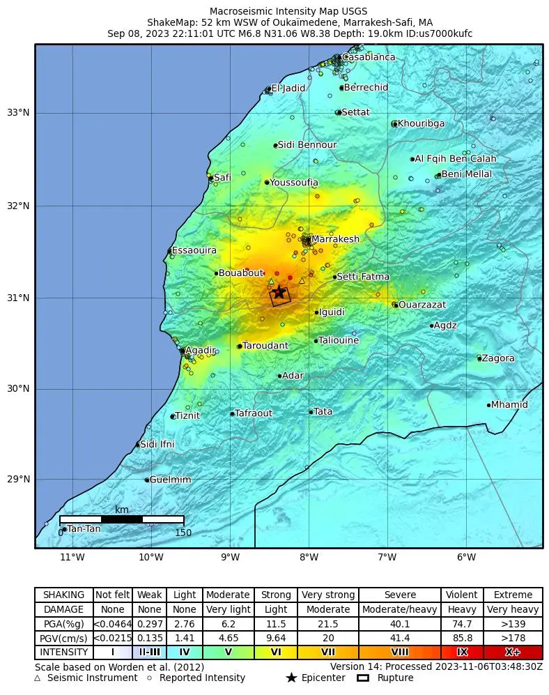 Shake map for M 6.8 - Al Haouz, Morocco showing shaking intensity and report locations around the epicenter.