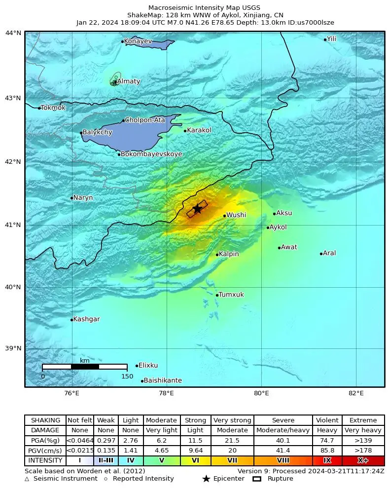 Shake map for M 7.0 - 128 km WNW of Aykol, China showing shaking intensity and report locations around the epicenter.