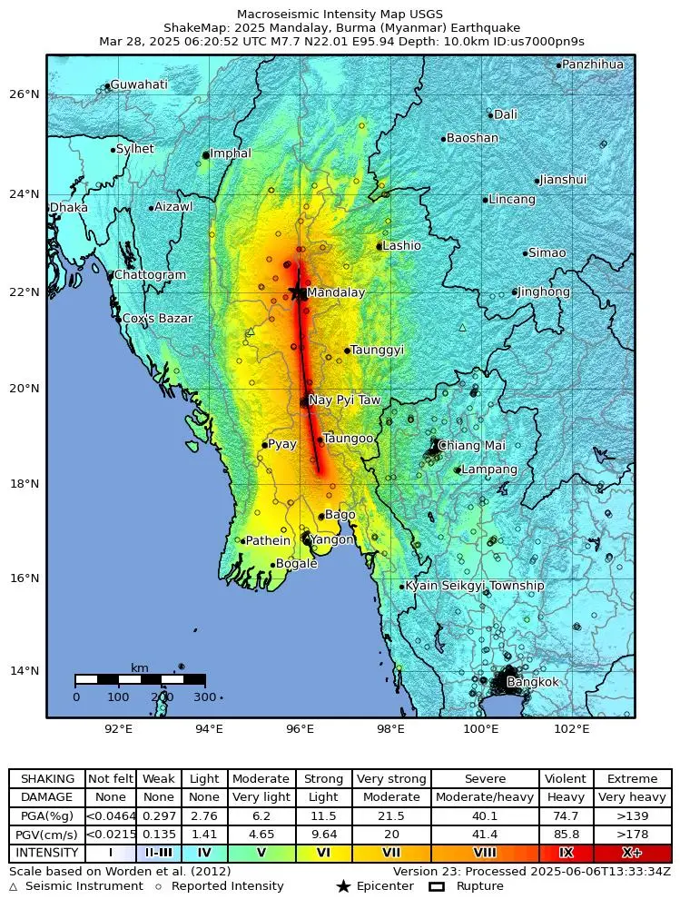 Shake map for M 7.7 - 2025 Mandalay, Burma (Myanmar) Earthquake showing shaking intensity and report locations around the epicenter.