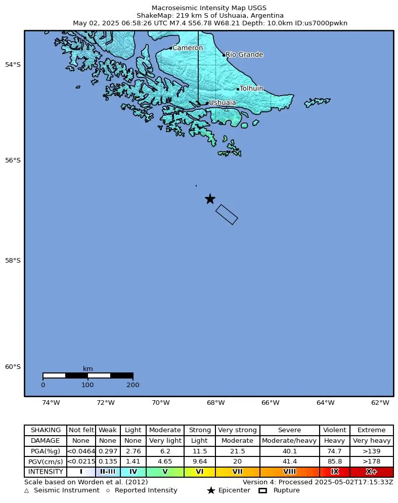 Shake map for M 7.4 - 2025 Drake Passage Earthquake showing shaking intensity and report locations around the epicenter.