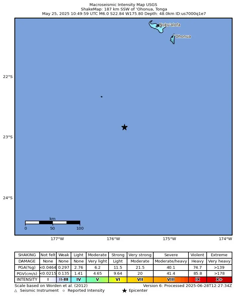 Shake map for M 6.0 - 187 km SSW of ‘Ohonua, Tonga showing shaking intensity and report locations around the epicenter.