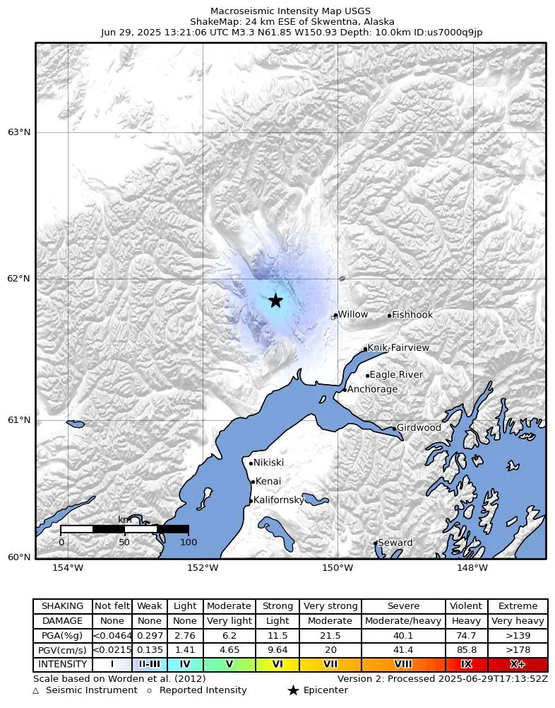 Shake map for M 3.3 - 24 km ESE of Skwentna, Alaska showing shaking intensity and report locations around the epicenter.