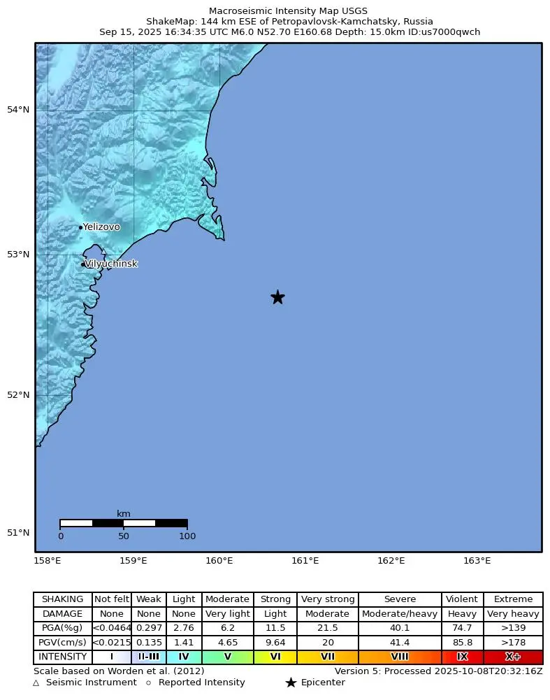 Shake map for M 6.0 - 144 km ESE of Petropavlovsk-Kamchatsky, Russia showing shaking intensity and report locations around the epicenter.