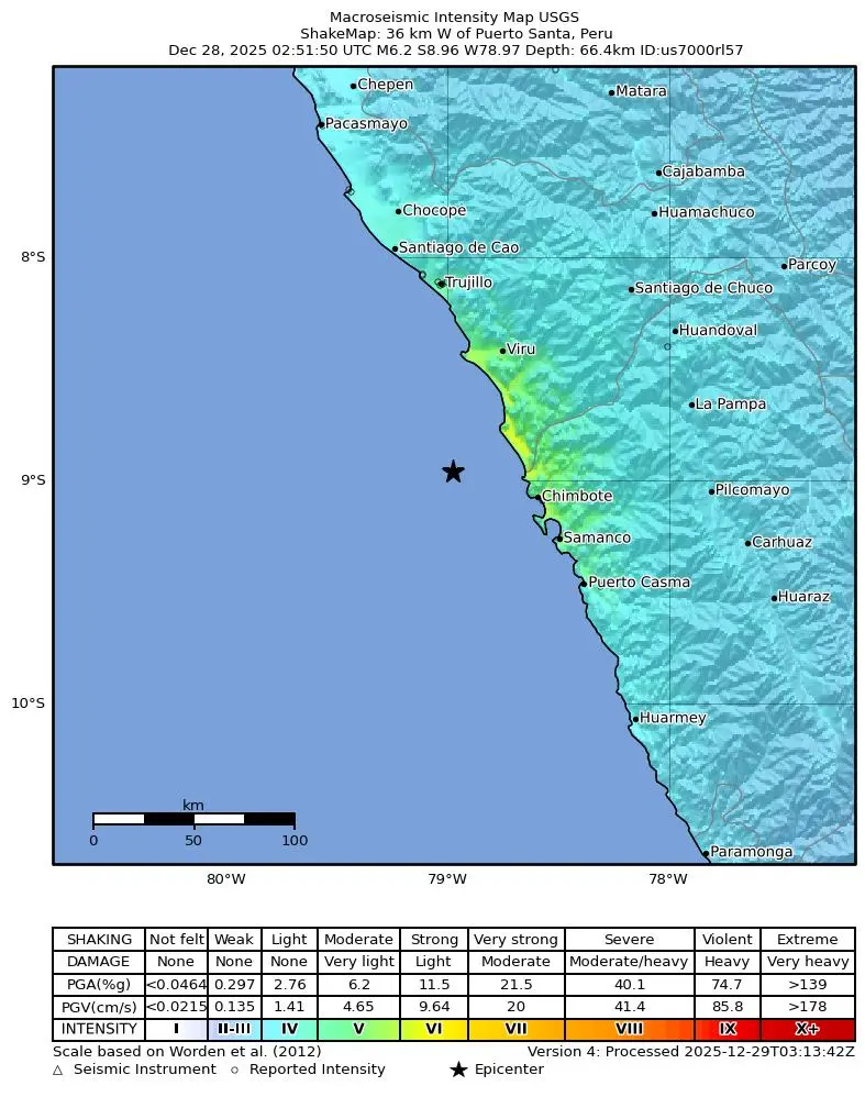 Shake map for M 6.2 - 36 km W of Puerto Santa, Peru showing shaking intensity and report locations around the epicenter.