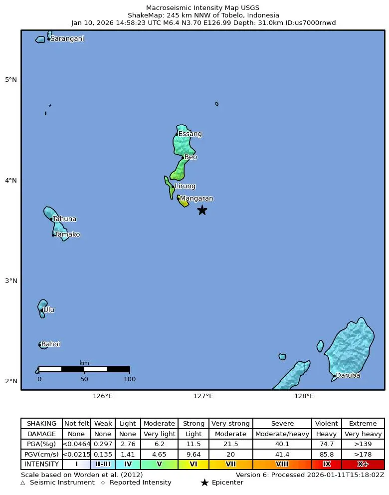 Shake map for M 6.4 - 245 km NNW of Tobelo, Indonesia showing shaking intensity and report locations around the epicenter.