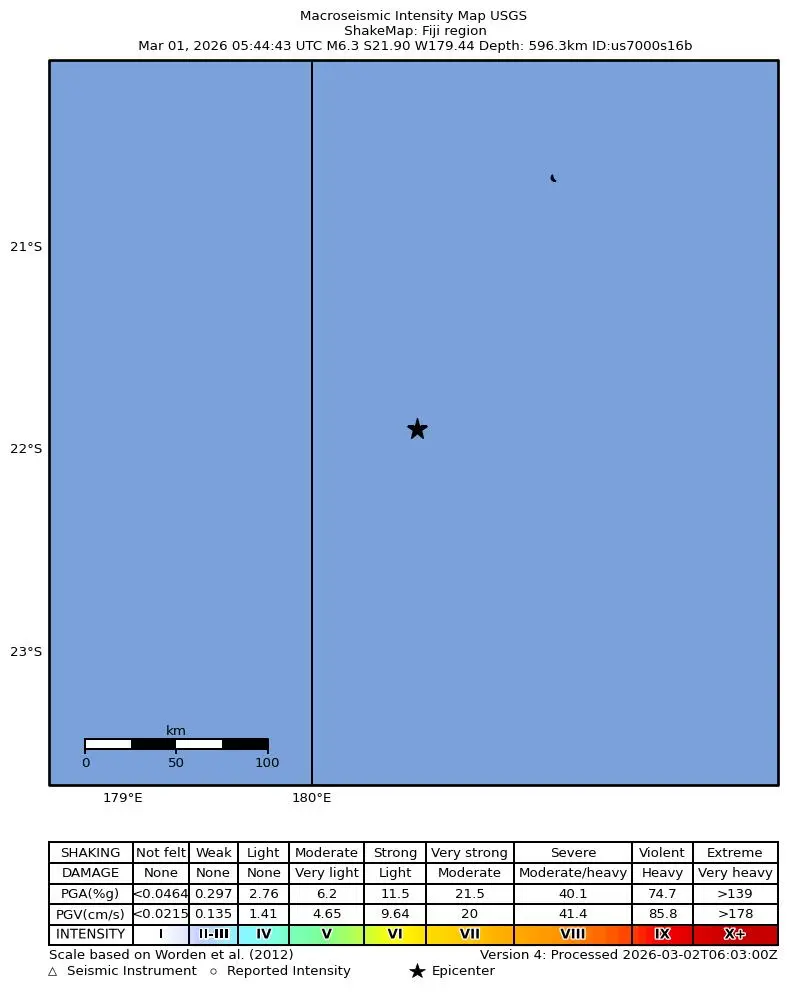 Shake map for M 6.3 - Fiji region showing shaking intensity and report locations around the epicenter.