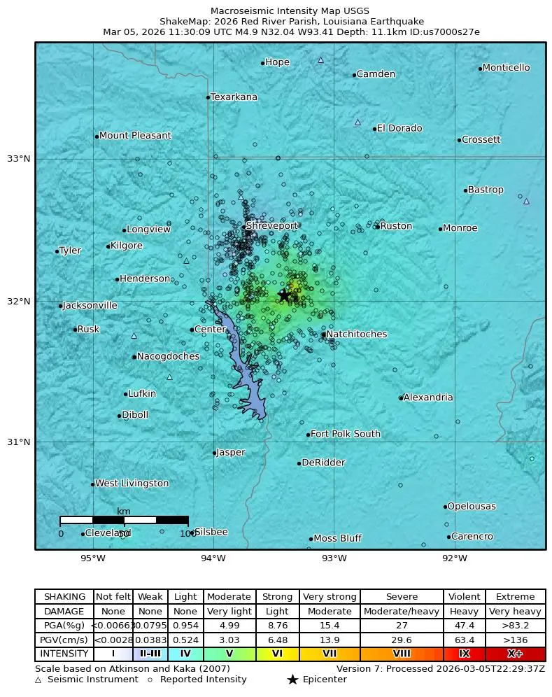 Shake map for M 4.9 - 2026 Red River Parish, Louisiana Earthquake showing shaking intensity and report locations around the epicenter.