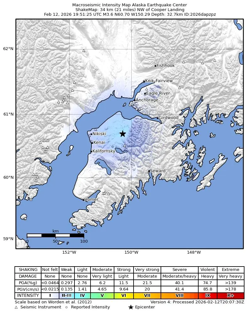 Shake map for M 3.6 - 31 km NE of Sterling, Alaska showing shaking intensity and report locations around the epicenter.