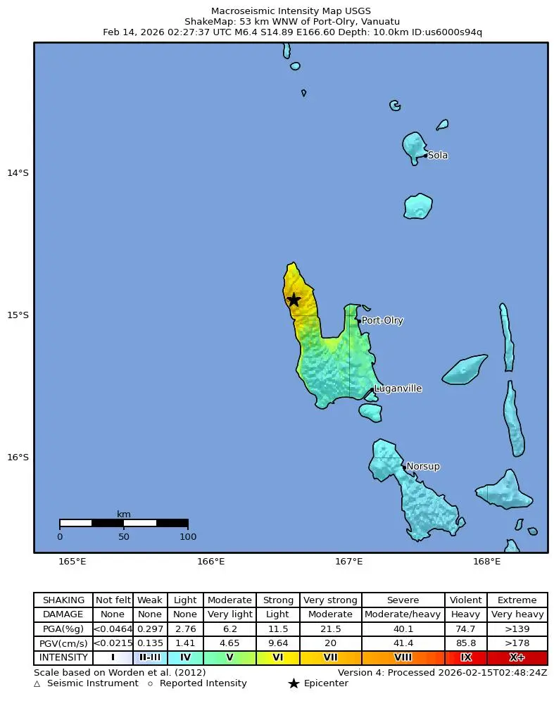 Shake map for M 6.4 - 53 km WNW of Port-Olry, Vanuatu showing shaking intensity and report locations around the epicenter.