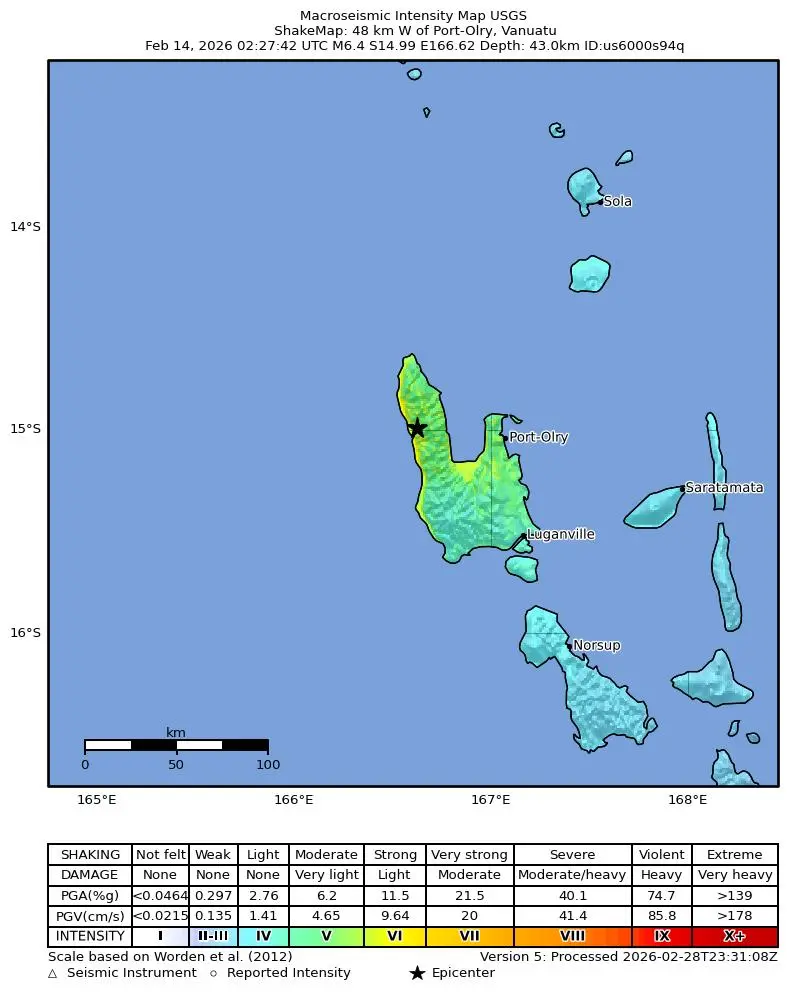 Shake map for M 6.4 - 48 km W of Port-Olry, Vanuatu showing shaking intensity and report locations around the epicenter.